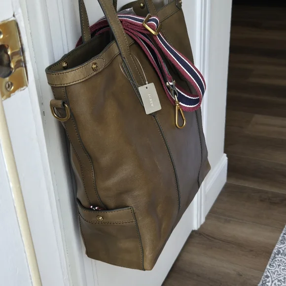 NWT J. Crew Oar Leather Tote Bag Mens Olive Green/Brown - Picture 5 of 16